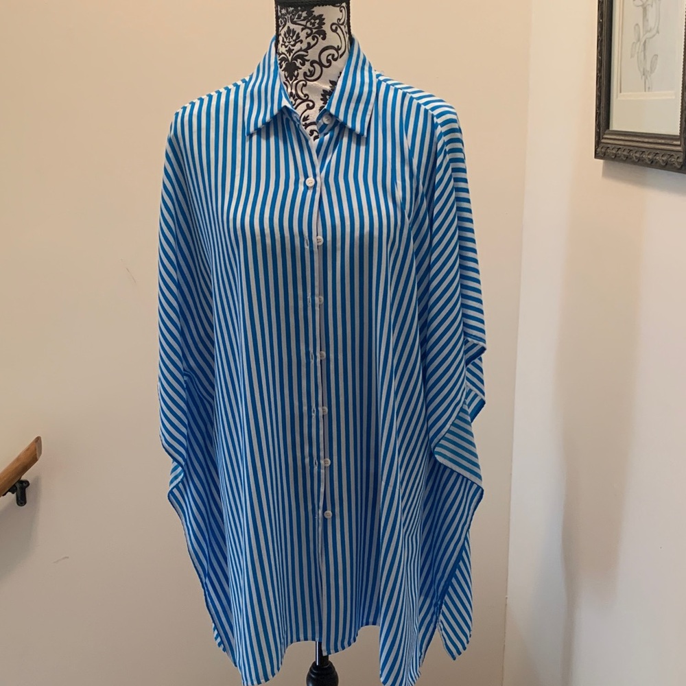 Tommy Bahama Blue and White Striped Button-Front Tunic
